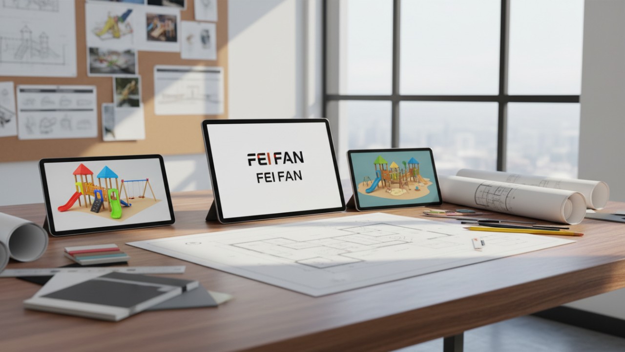 Architectural blueprints and digital renders of playground designs on a desk with a tablet showing the FEI FAN logo