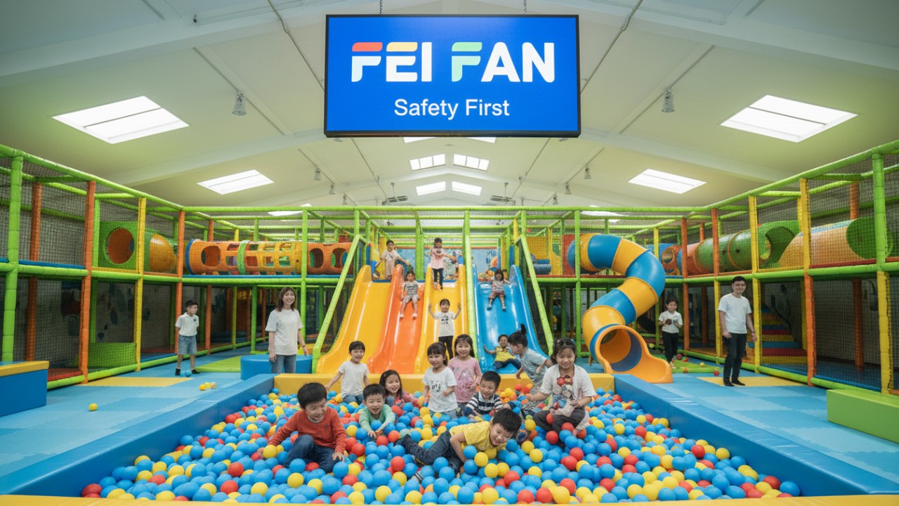 Children playing safely in a well maintained indoor playground with a FEI FAN safety banner in the background.