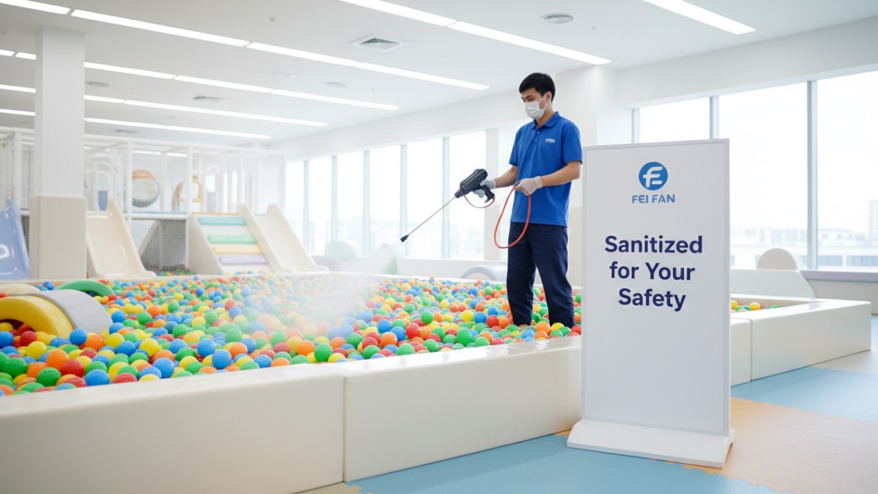 Cleaning staff disinfecting a ball pit at an indoor playground with a FEI FAN safety sign in view.