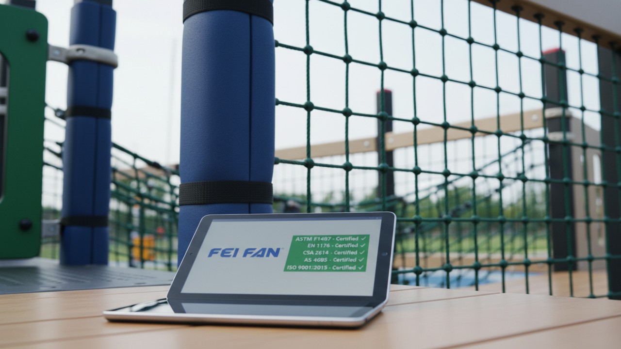 Detailed view of playground safety components and a tablet showing FEI FAN safety certifications.