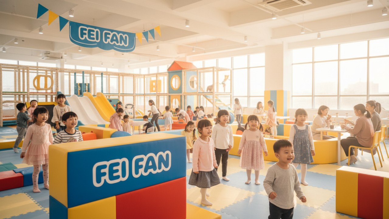 Happy children playing in a clean, safe, and well-maintained indoor playground with FEI FAN branding visible