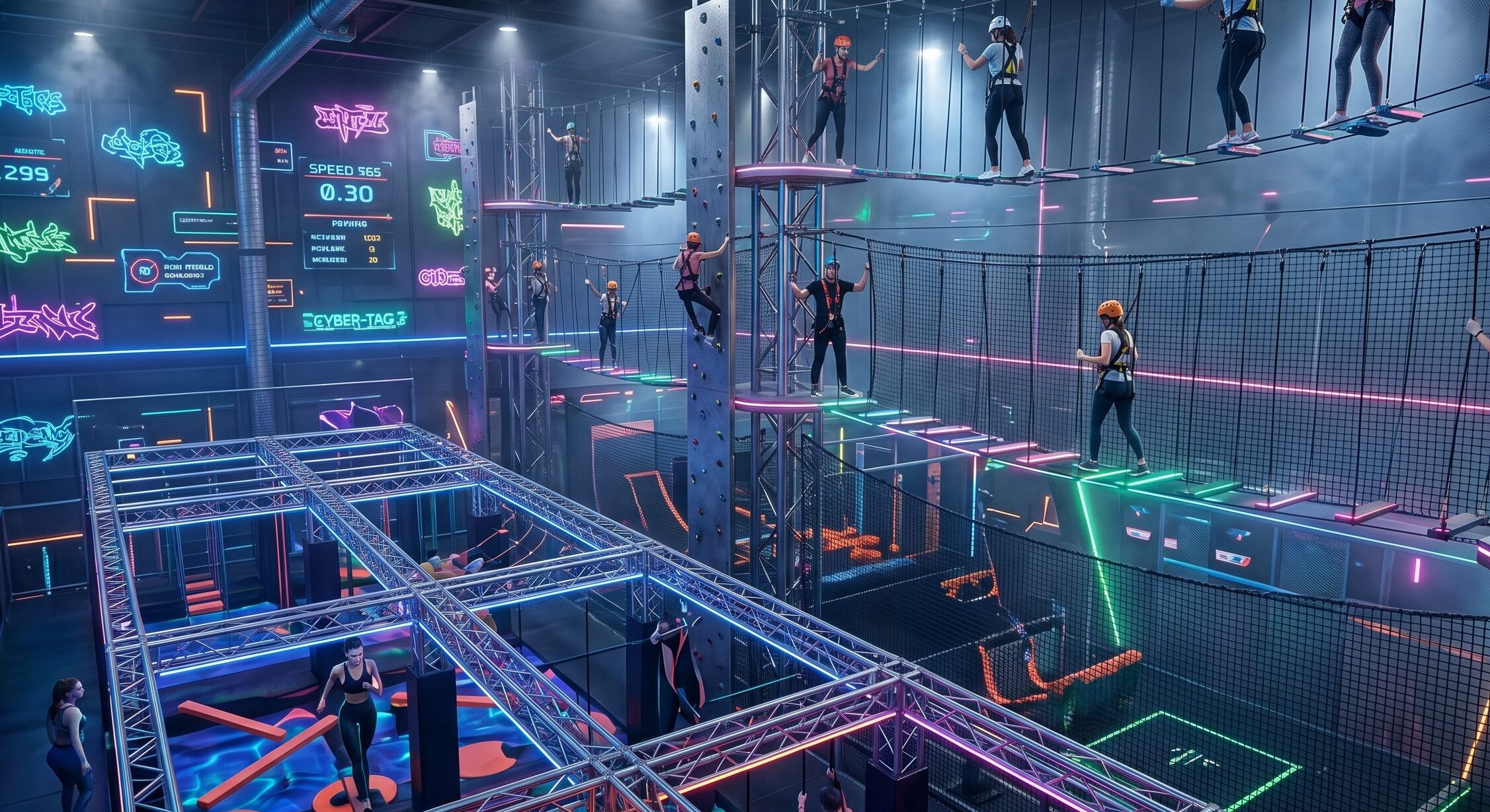 highly themed cyberpunk style indoor ninja obstacle course