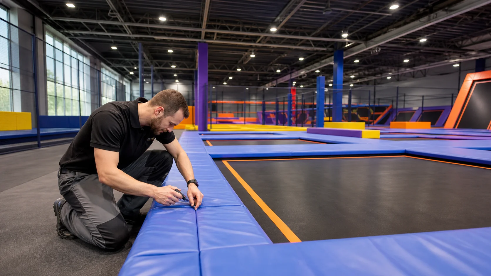 Technician performing a pre-opening trampoline park maintenance inspection.