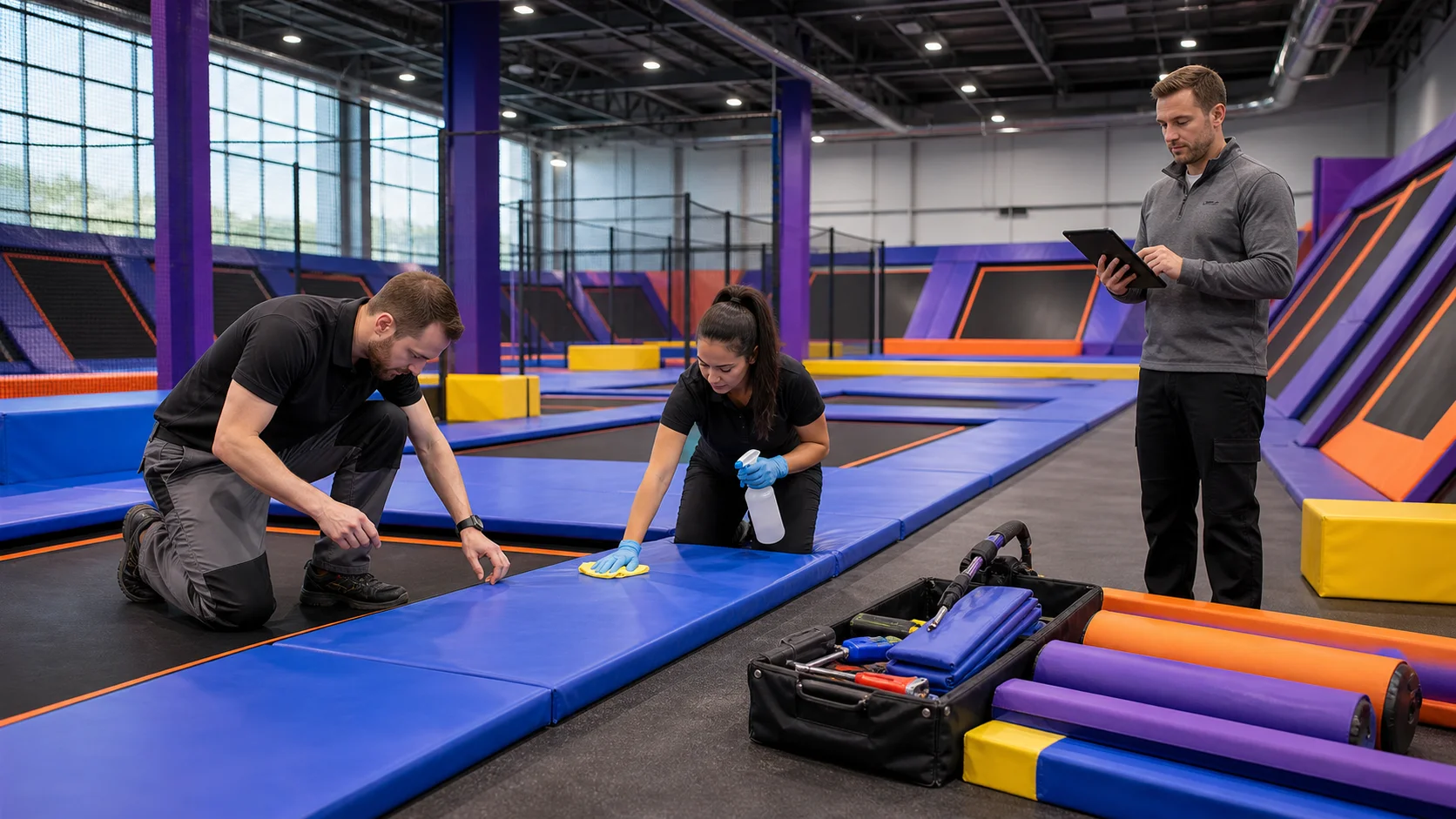 Inspection, cleaning, repair, and recordkeeping in a commercial trampoline park.