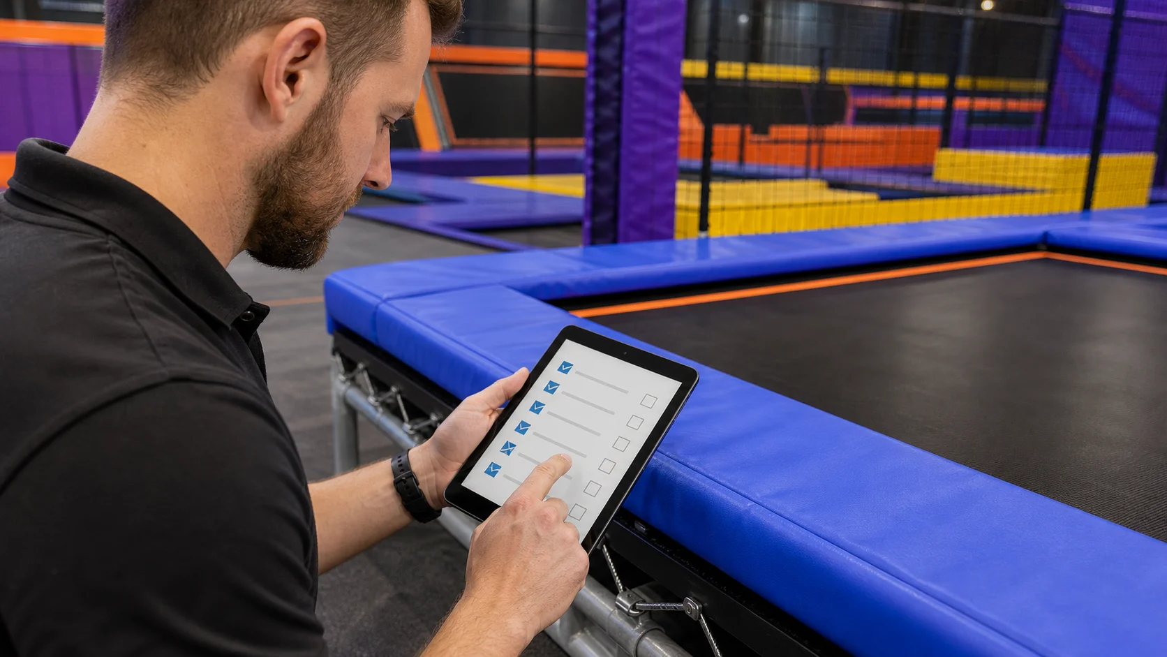 Inspector using a trampoline park maintenance checklist before opening.