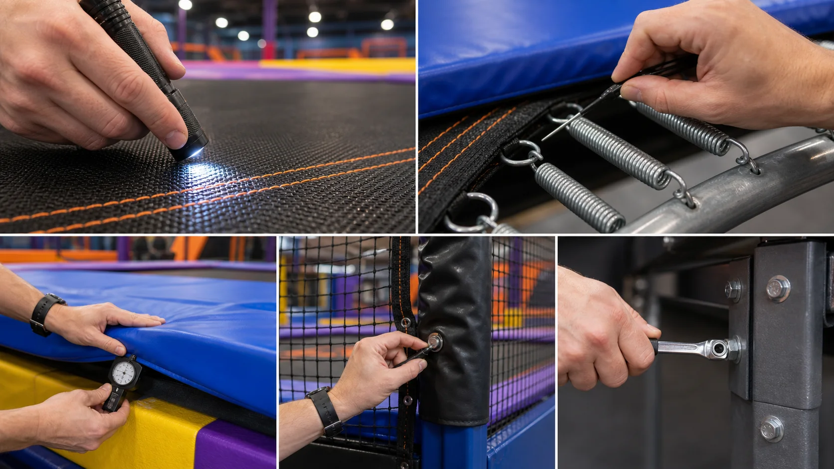 Inspection points for trampoline mats, springs, padding, nets, and frames.