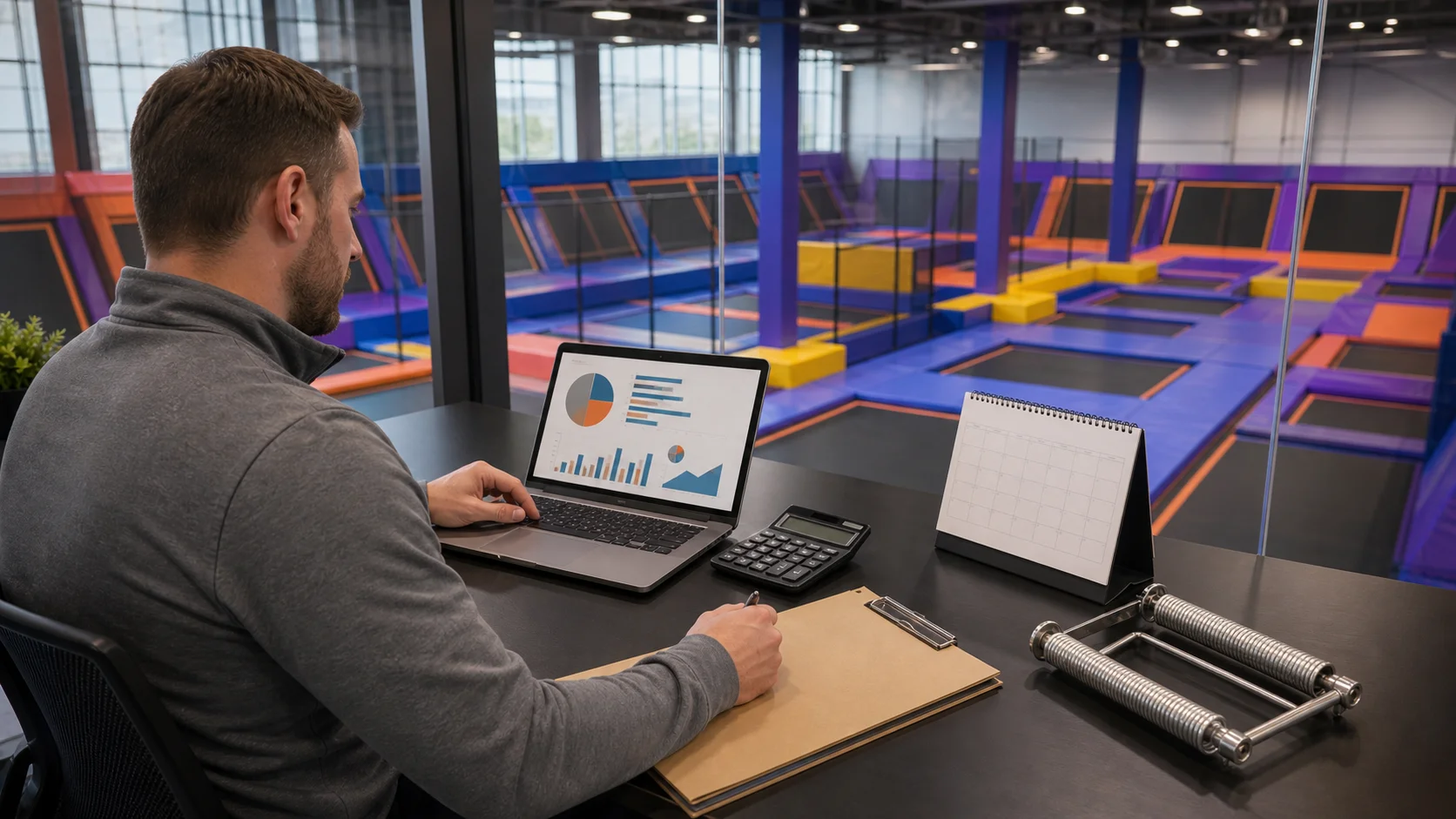 Manager calculating the annual cost of trampoline park maintenance.
