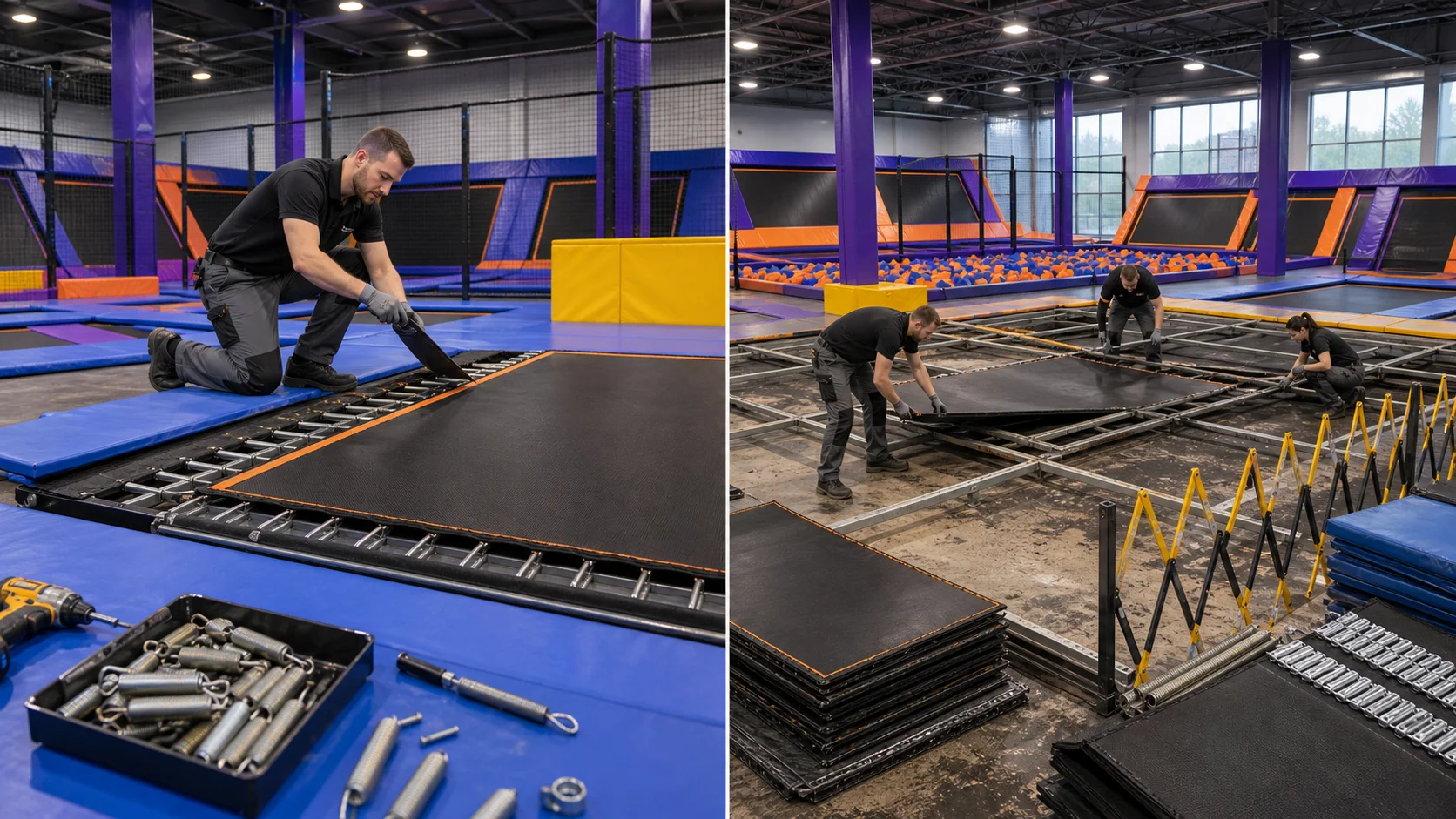Comparison between repairing a component and replacing trampoline park equipment.