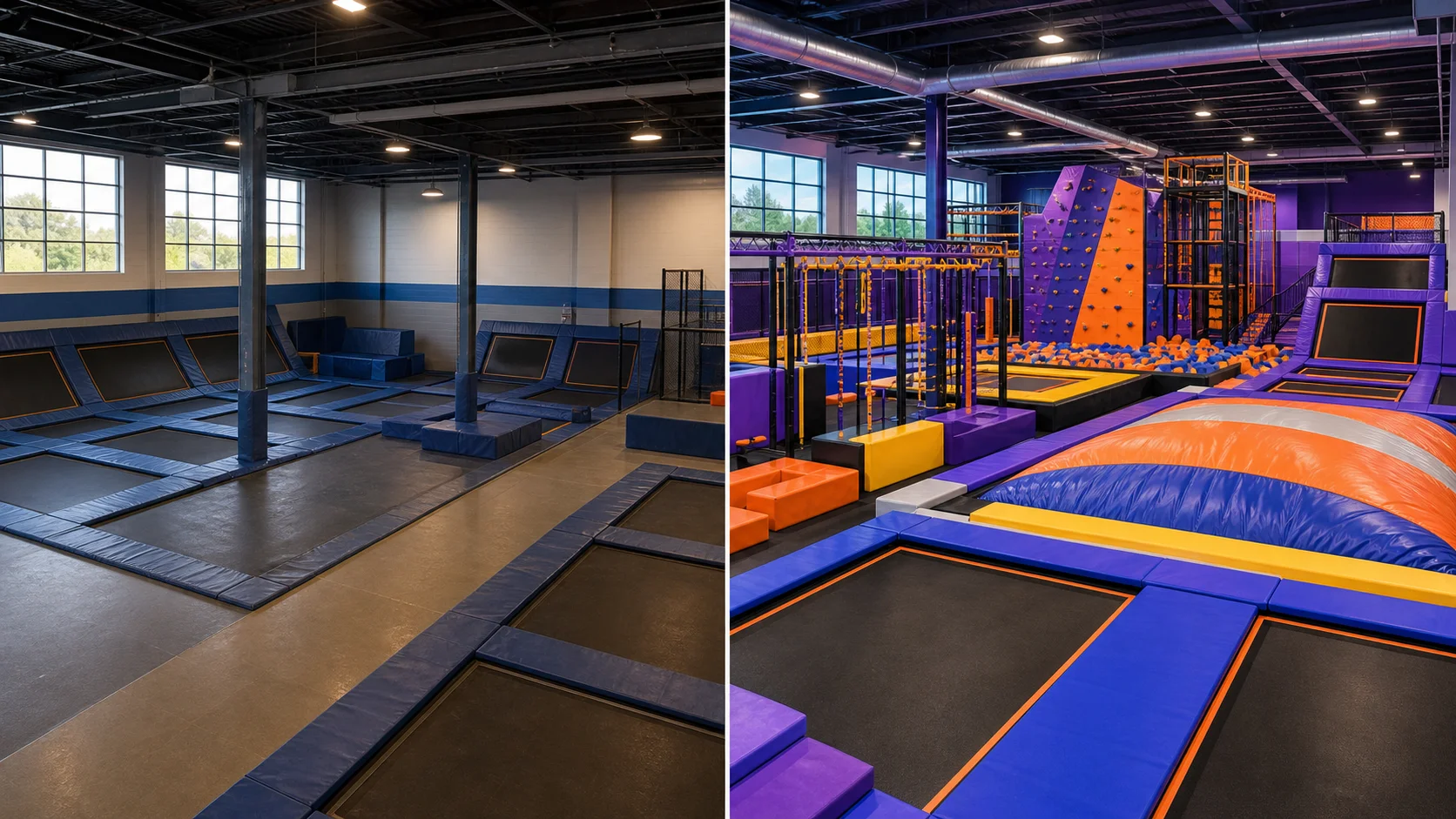 Before-and-after concept for a complete trampoline park equipment upgrade.