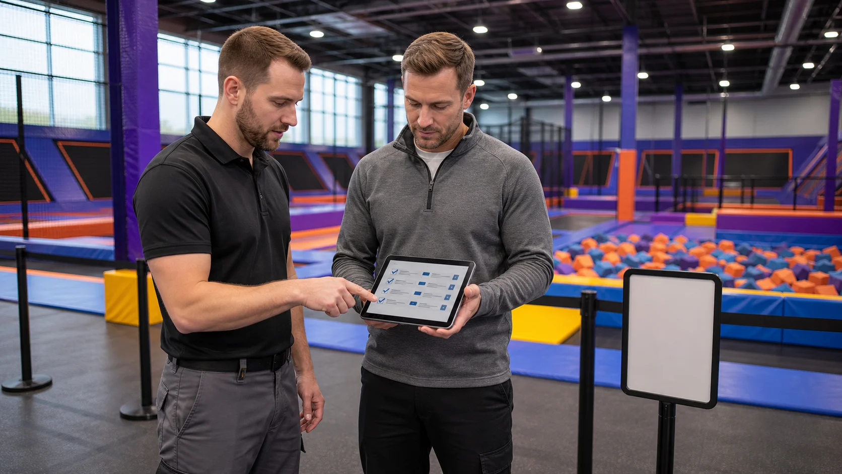 Manager and technician reviewing trampoline park maintenance records.