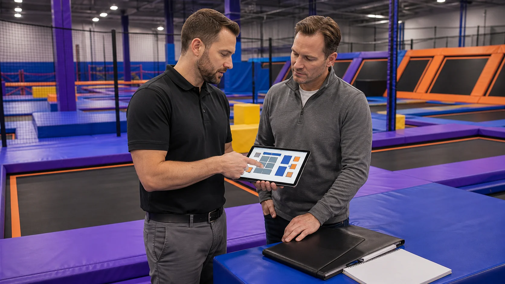 Trampoline park owner discussing maintenance questions with an equipment specialist.