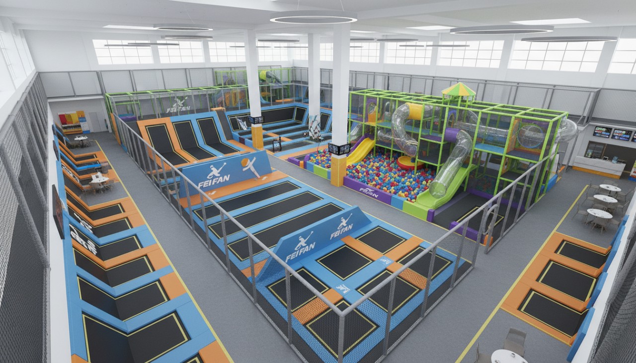 Professional 3D layout design of a commercial indoor trampoline park
