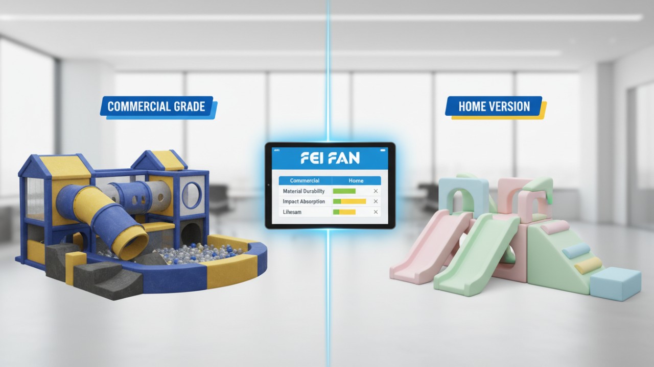 Side-by-side visual comparison of commercial grade and home use soft play sets with a performance chart.