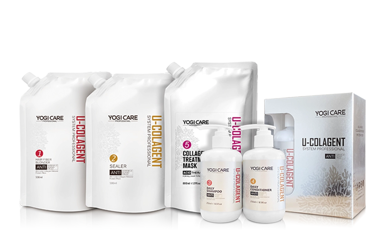 U-colagent Yogi Care keratin hair treatment products: U-Colagen system, including shampoo, conditioner, and mask.
