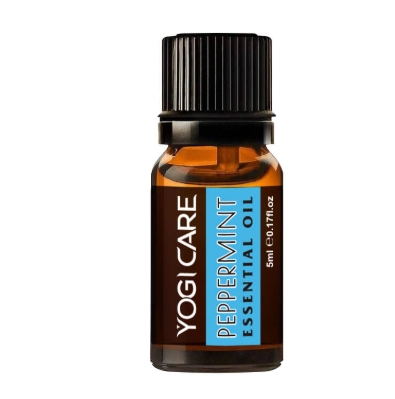 A 5ml bottle of Yogi Care Peppermint Essential Oil with a black cap.