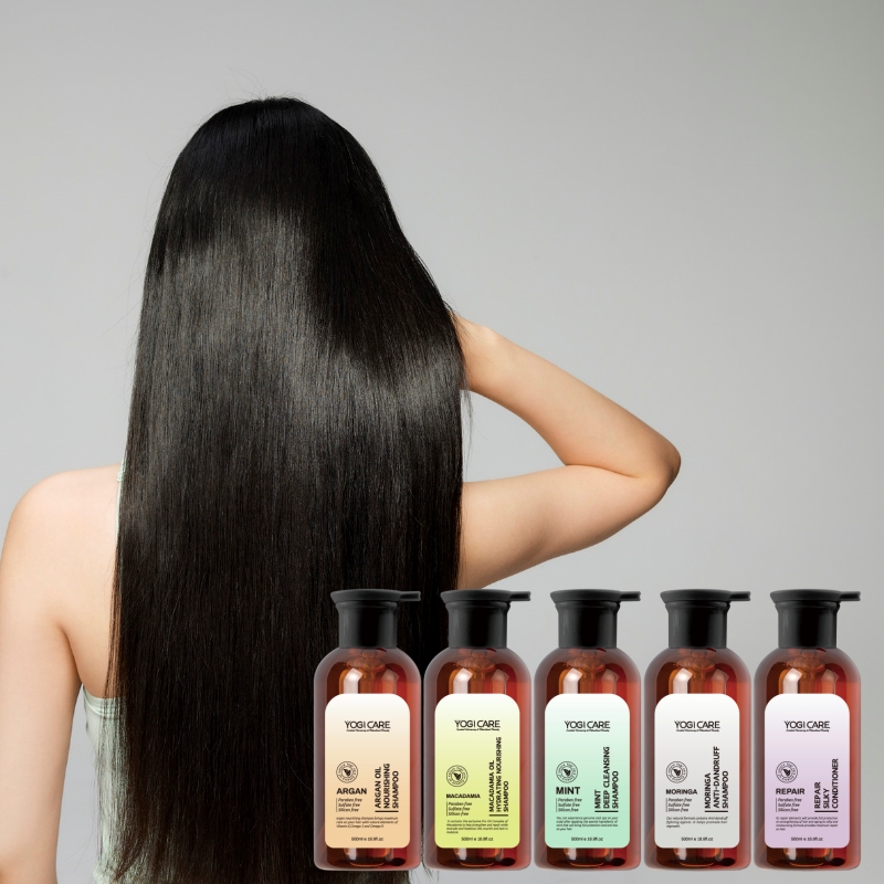 Aroma leaf natural hair treatment: Shiny, long black hair with five bottles of shampoo and conditioner.