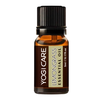 A 5ml bottle of Yogi Care Lemongrass Essential Oil with a black cap. A 5ml bottle of Yogi Care Lemongrass Essential Oil with a black cap.