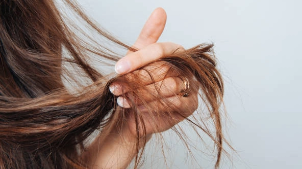 Here's an alt text option:

Woman's hand showing damaged hair.  Wholesale hair care products can help.