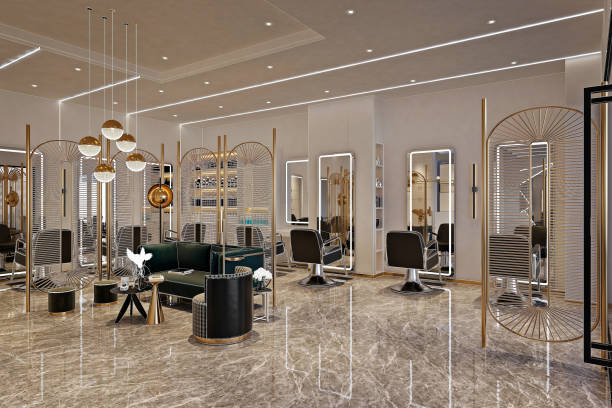 Luxurious salon business interior with stylish furniture and lighting.