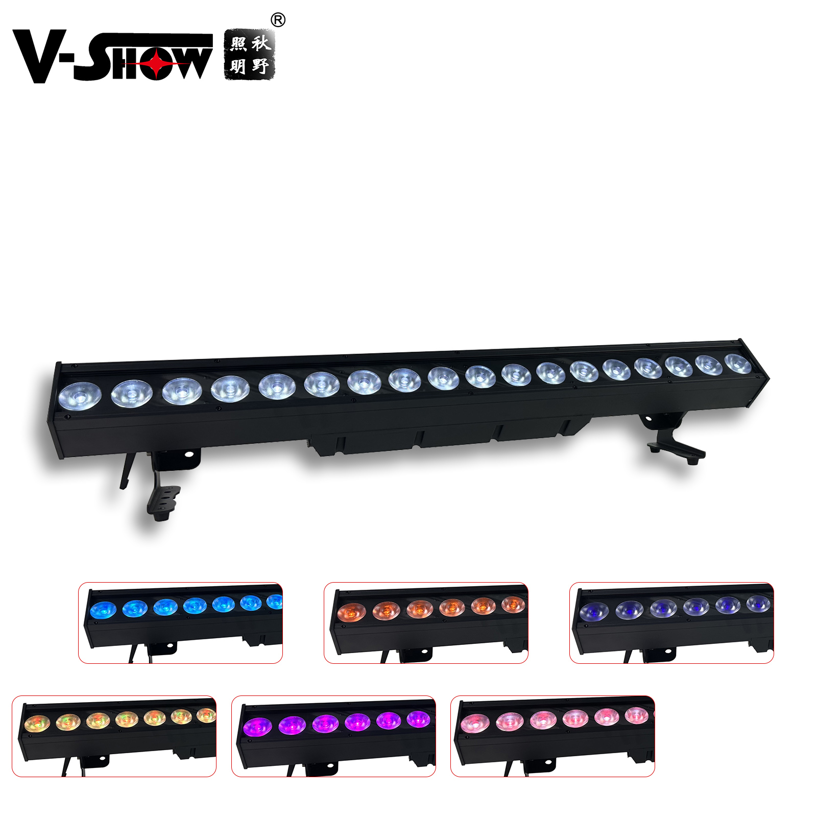 Black LED light bar with multiple light settings. The light bar has 12 individual lights, and is on a white background. The product name is V-Show.