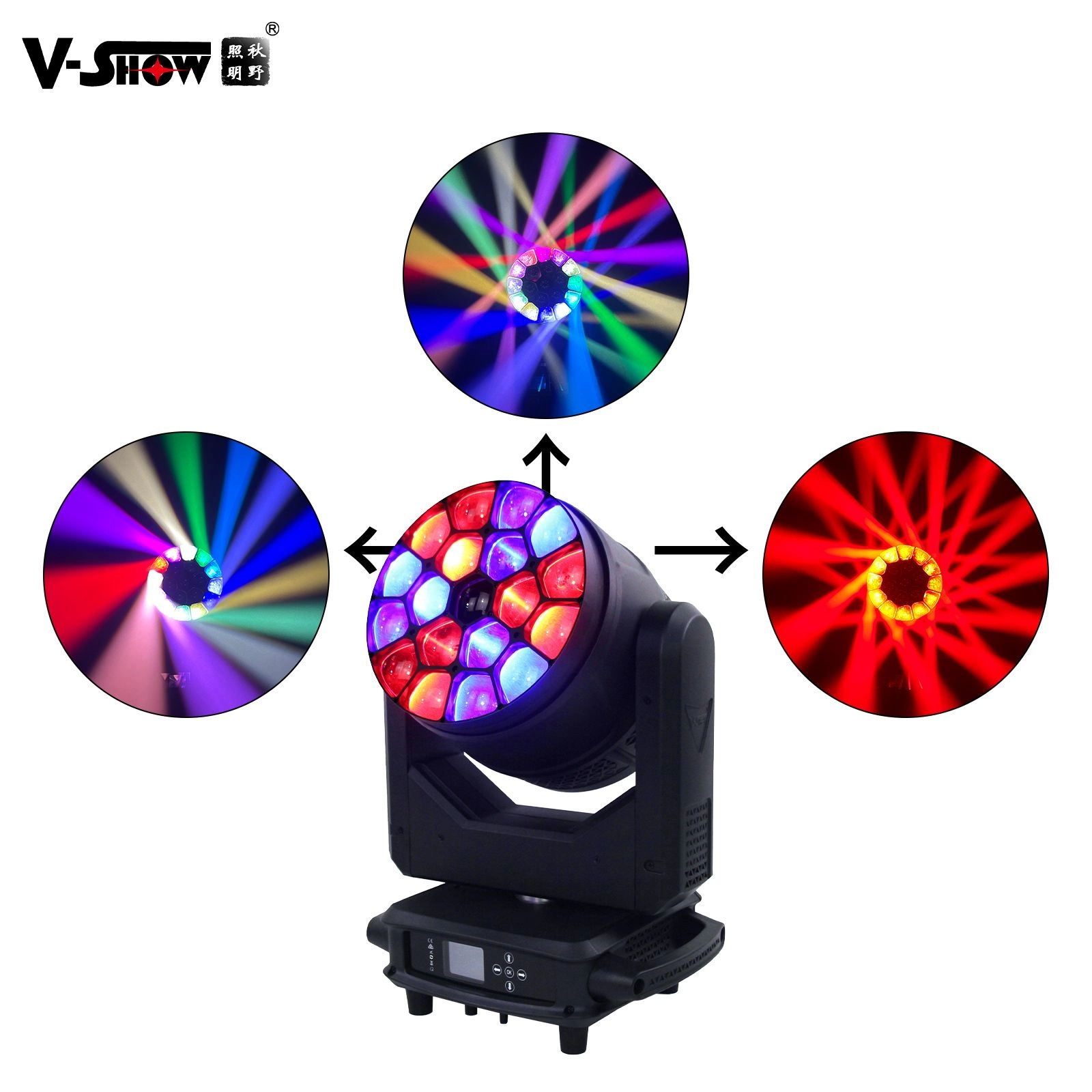 Black stage lighting fixture with a ring of colorful lights and a digital control panel. The fixture is shown with several examples of the light patterns it can create.