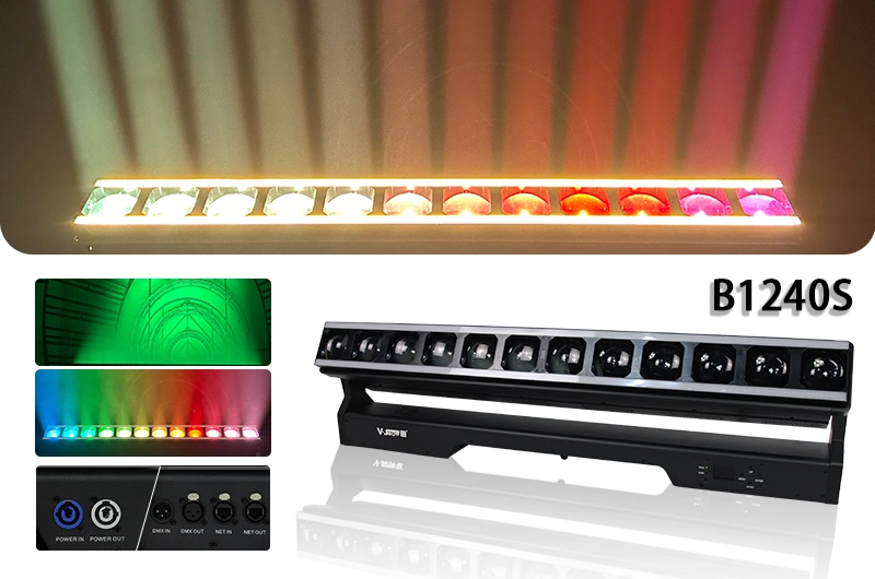Black rectangular LED stage light with twelve individual LED lights in a row.