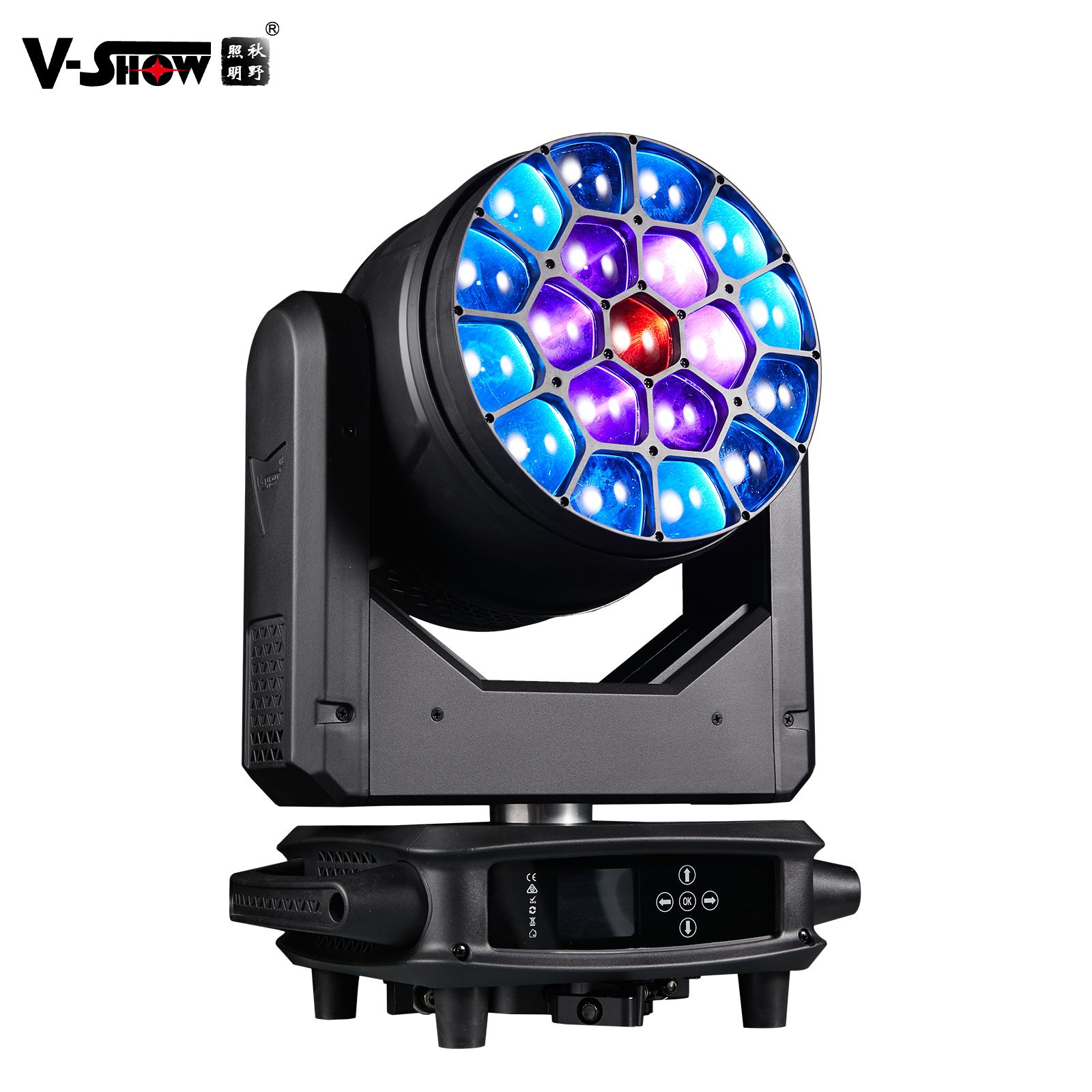 Black stage lighting fixture with multiple colored LED lights.