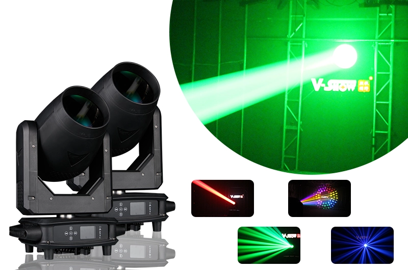 The image shows two V-SHOW brand moving head lights. The light on the left is shown from the front, and the one on the right is shown from a back angle. The background shows green laser beams from the lights in a club-like setting.