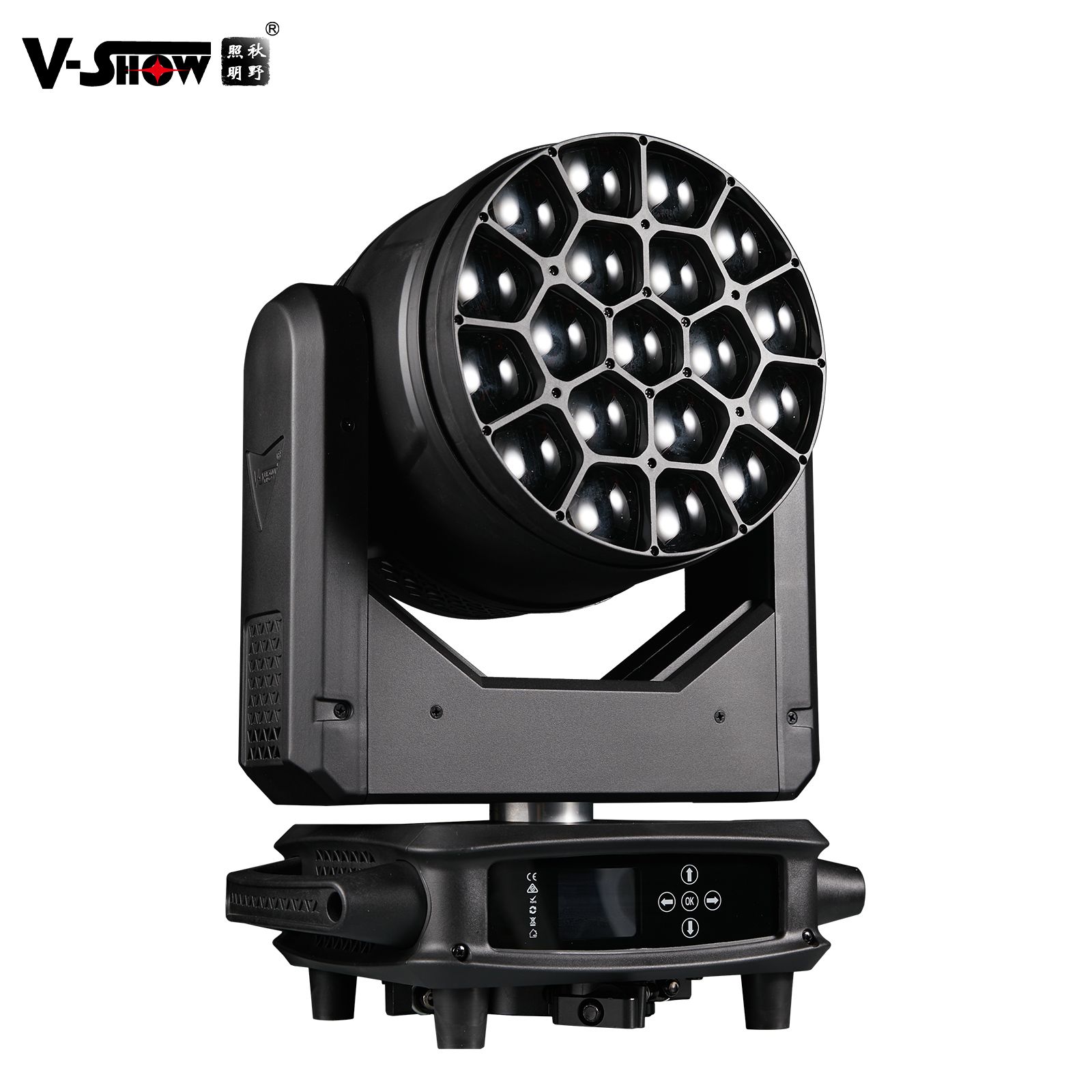 A black V-Show stage lighting fixture with 19 LED lights and a control panel.