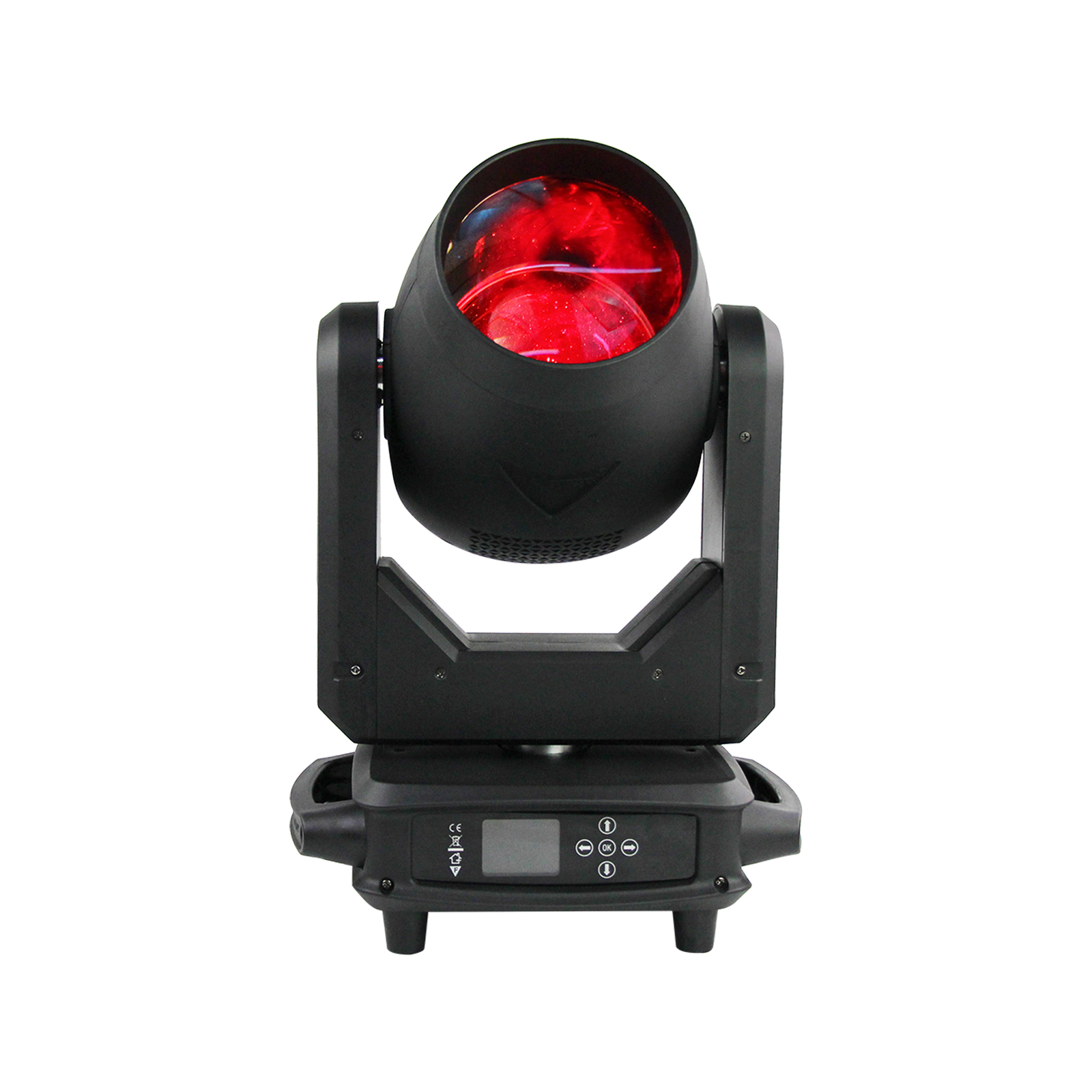 A black stage lighting fixture with a red light emitting from the lens. The fixture has a control panel with a small digital display and navigation buttons.  The fixture is isolated against a white background.