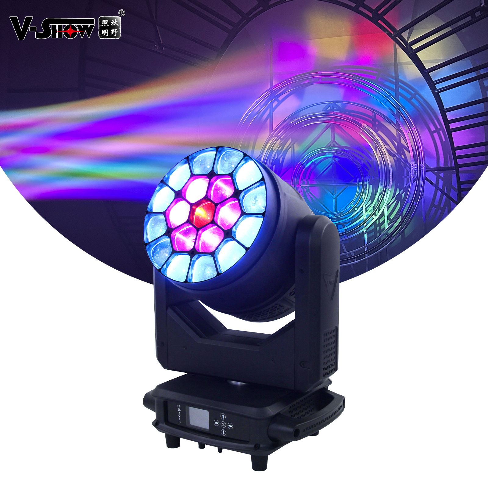 A black stage light with a round head of bright blue, pink, and red lights, casting beams of colorful light on a background of abstract geometric shapes.