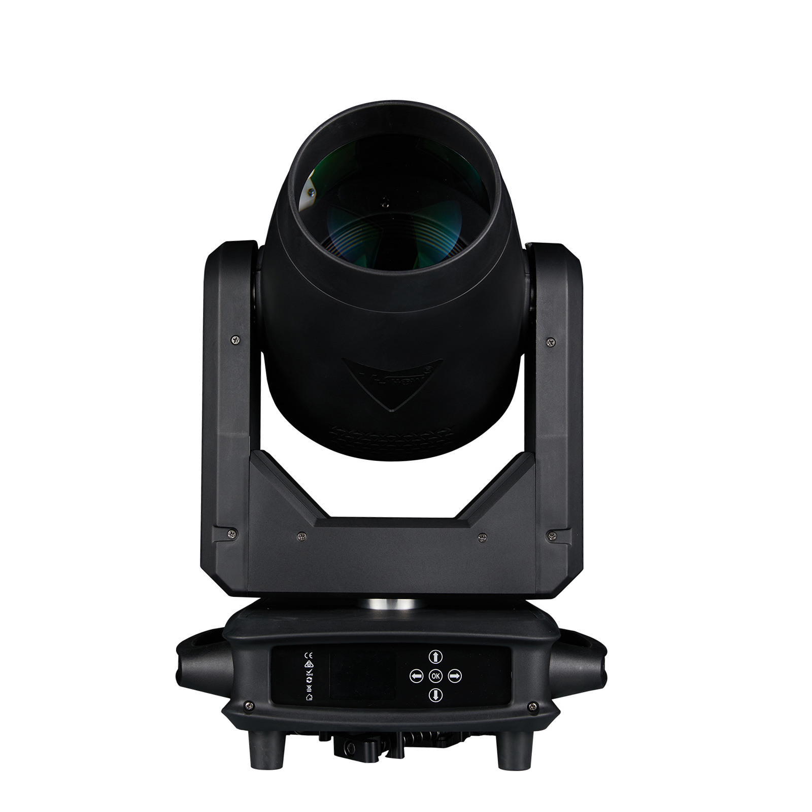 Black spotlight with a round lens and control panel.