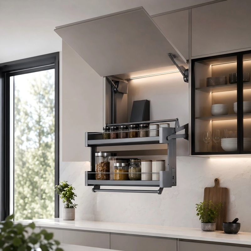Pull-down spice rack cabinet solution for modern kitchens. - Vitafurni