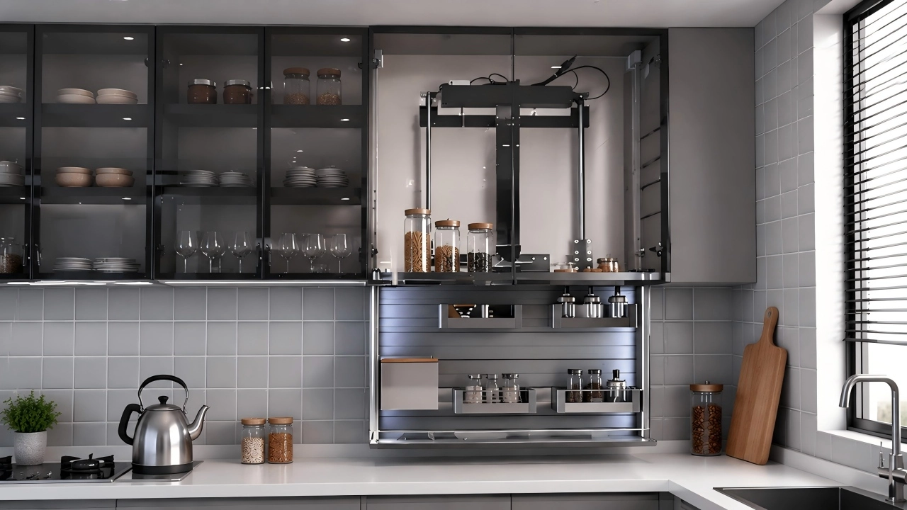 Modern kitchen featuring automated electric cabinet lift systems for accessible storage. - Vitafurni