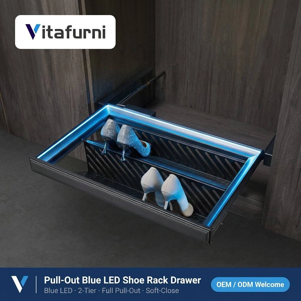 Vitafurni H606-X luxury pull out blue LED shoe rack drawer 2-tier wardrobe system