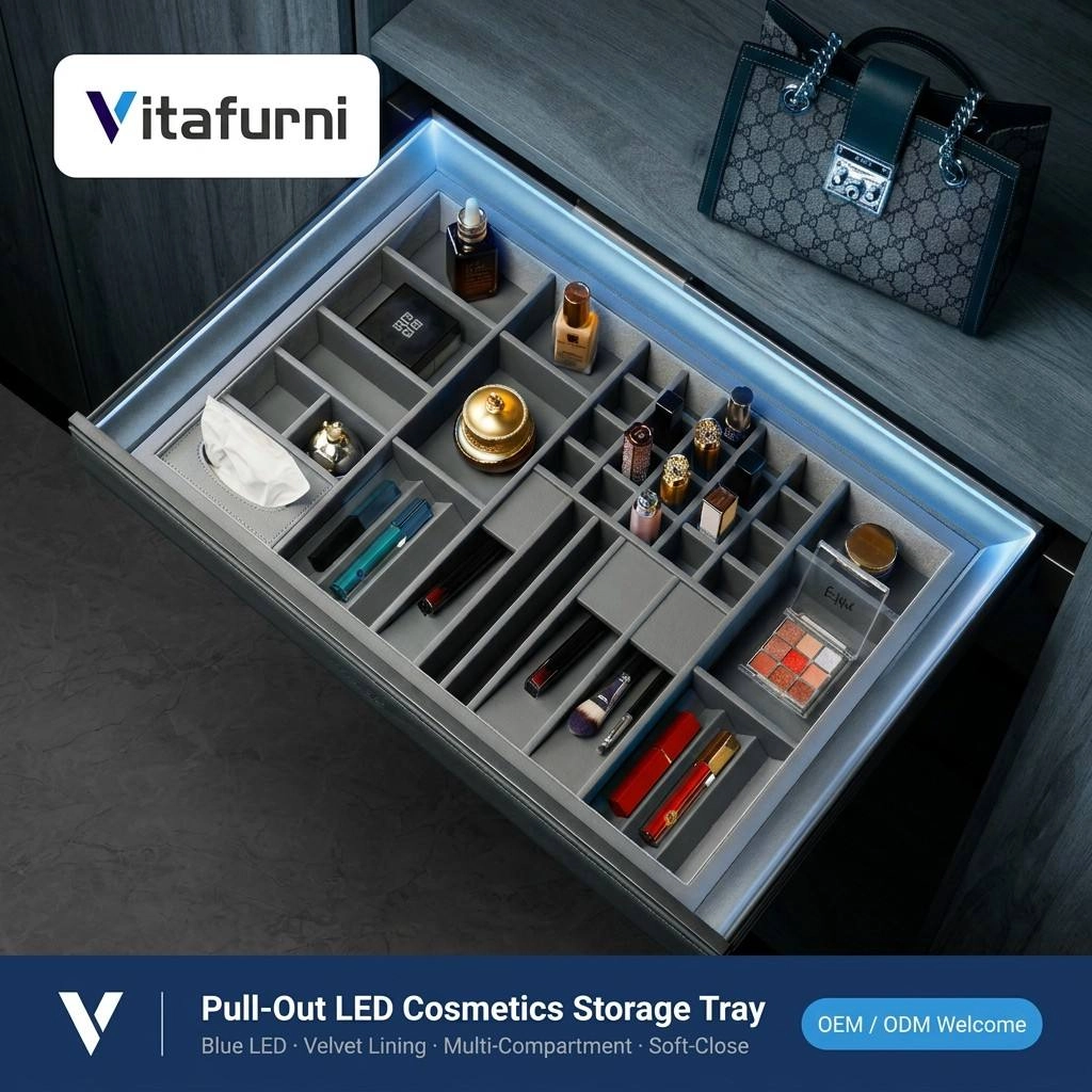 Vitafurni H604-Pro luxury pull out LED cosmetics storage tray for high-end wardrobes