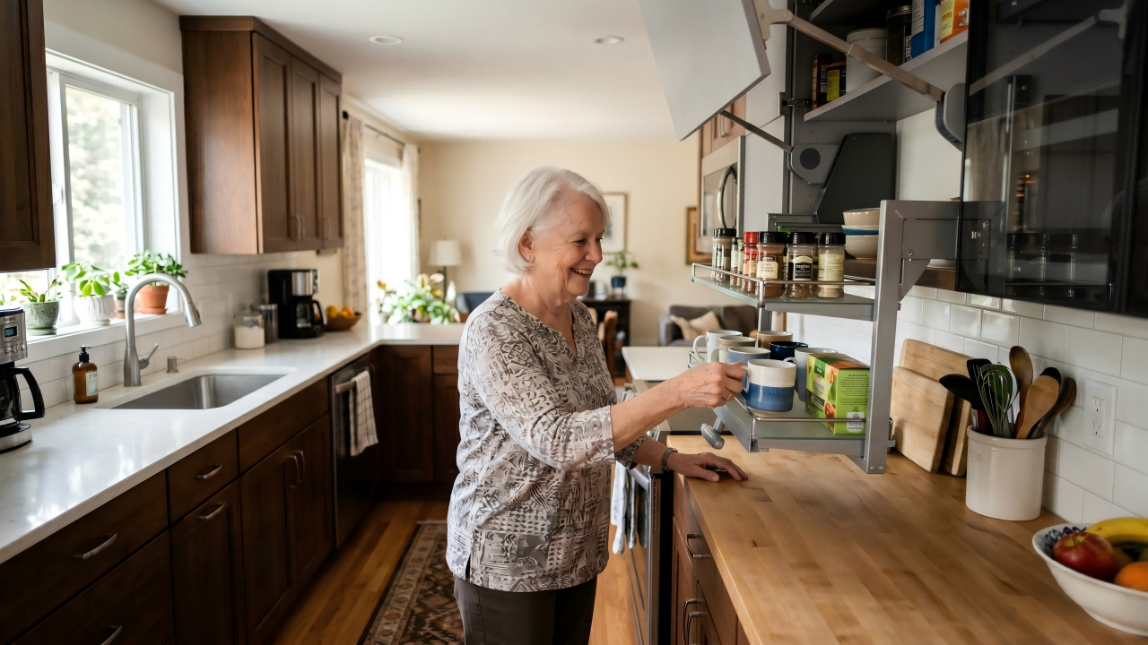 pull down wall shelf mechanism for accessible upper kitchen cabinet storage