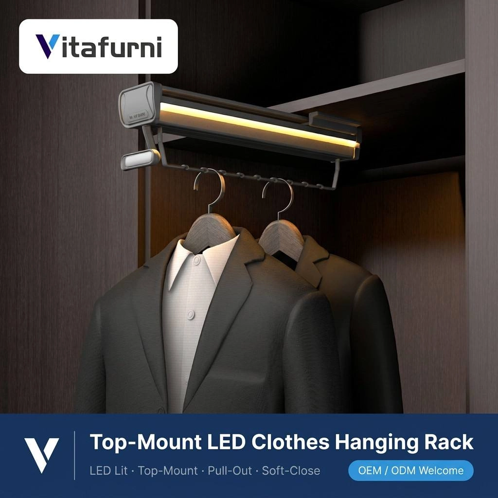 Vitafurni H610 top mount LED pull out clothes hanging rack with hidden rail and soft close