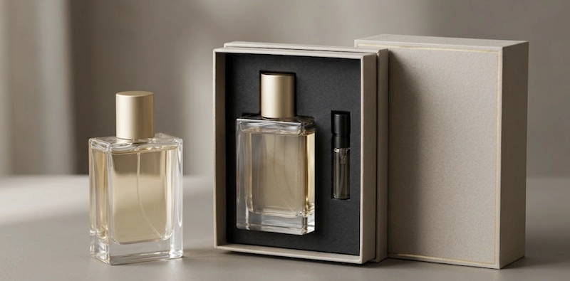 Custom perfume box with fitted inner insert and glass perfume bottle
