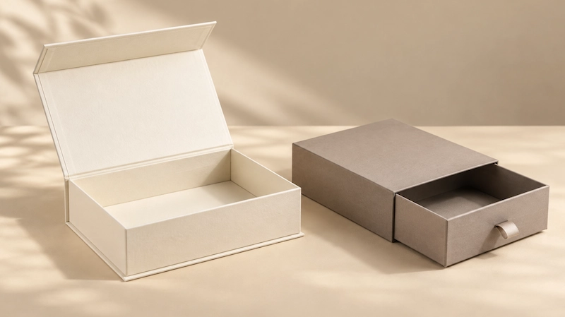 Magnetic closure box and rigid drawer box displayed side by side with different opening mechanisms.