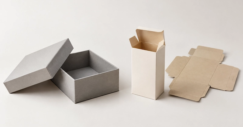 Rigid box vs folding carton comparison showing rigid and foldable paperboard packaging structures