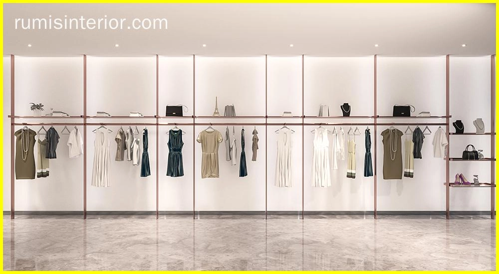 Modern-TINT-retail-display-DIY-wall-system-showcasing-stylish-women's-apparel-and-accessories. - RUMIS Modern TINT retail display DIY wall system showcasing stylish women's apparel and accessories. - RUMIS