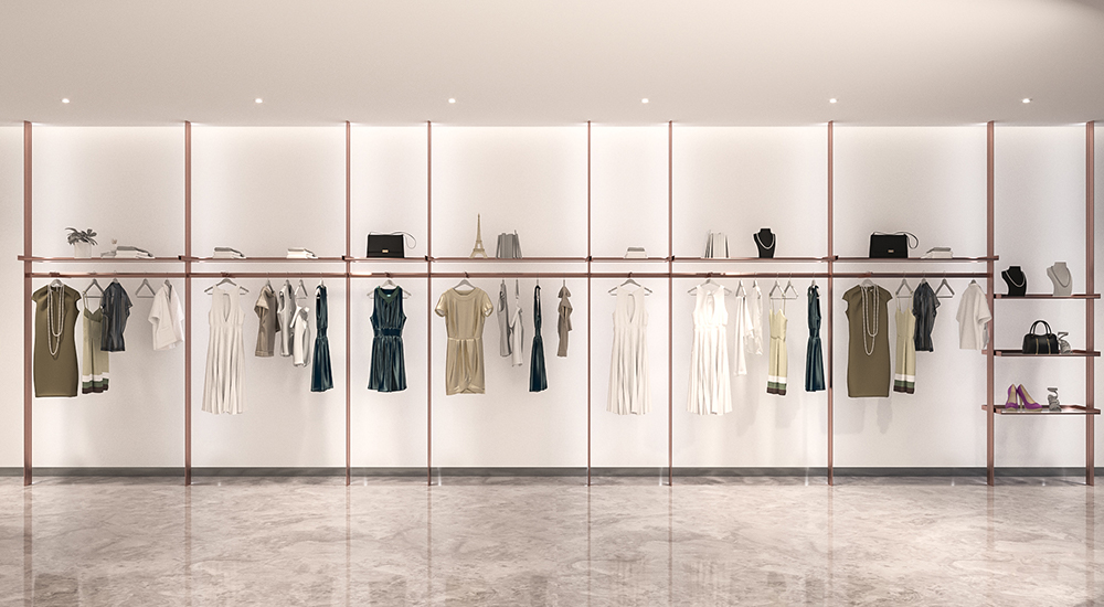 Modern TINT retail display DIY wall system showcasing stylish women's apparel and accessories.