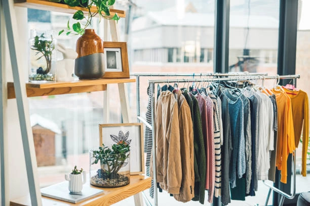 Wall-t-shirt-display-with-various-clothes-hanging-on-a-rack. Wall t-shirt display with various clothes hanging on a rack.