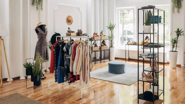 Retail-fixtures-dress-display-rack-with-clothing-and-shoes. Retail fixtures dress display rack with clothing and shoes.