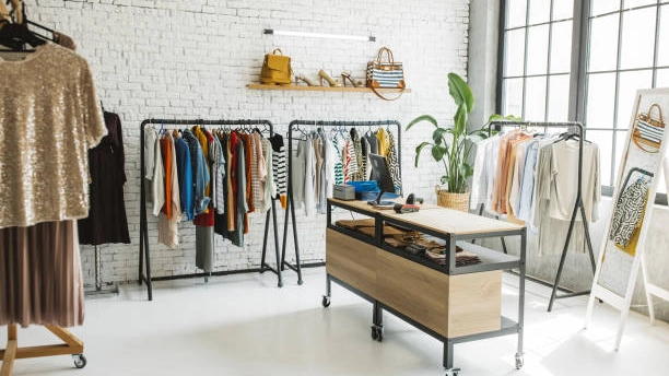 Perimeter-apparel-fixture-with-clothes-on-display. Perimeter apparel fixture with clothes on display.