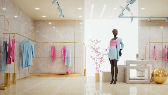 Dress-display-stand-for-sale;-modern-boutique-interior. Dress display stand for sale; modern boutique interior.
