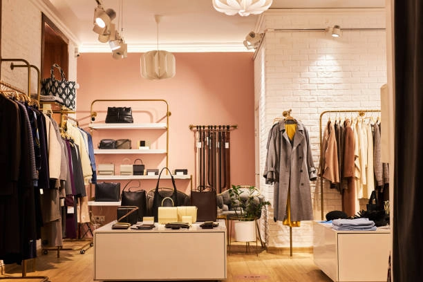 Stylish-metal-clothing-rack-displaying-apparel-and-accessories-in-a-boutique. Stylish metal clothing rack displaying apparel and accessories in a boutique.