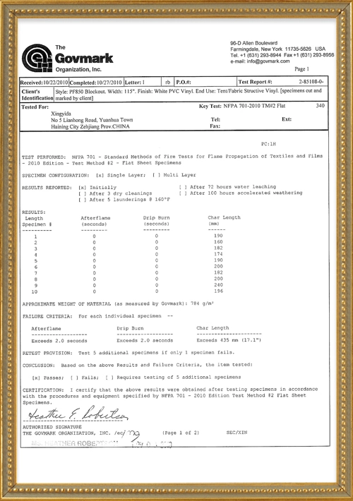 NFPA 701 INITIAL TEST RESULTS