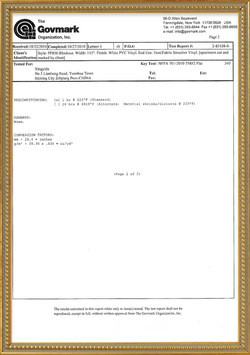 NFPA 701 INITIAL TEST RESULTS